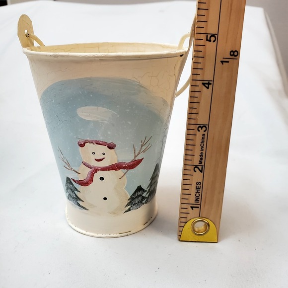 Set Of 4 Snowman Pails ● Christmas Winter Decor ● Painted ● Textured & Crackled - Picture 6 of 6